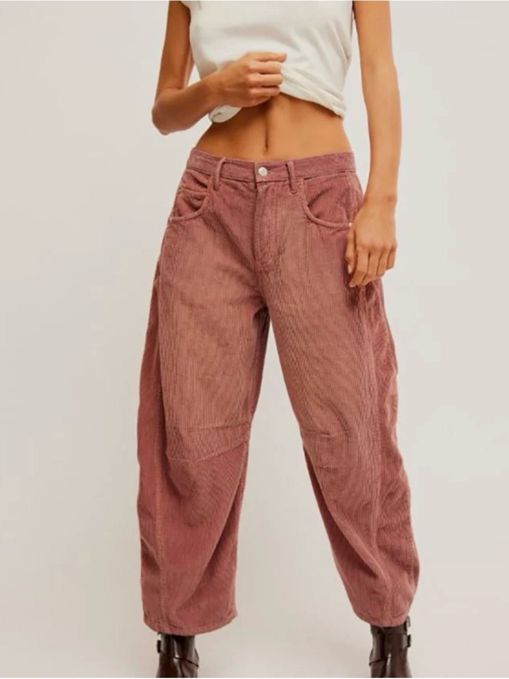 Free People We The Free Good Luck Mid-Rise Cord Barrel Jeans Withered Rose 28
